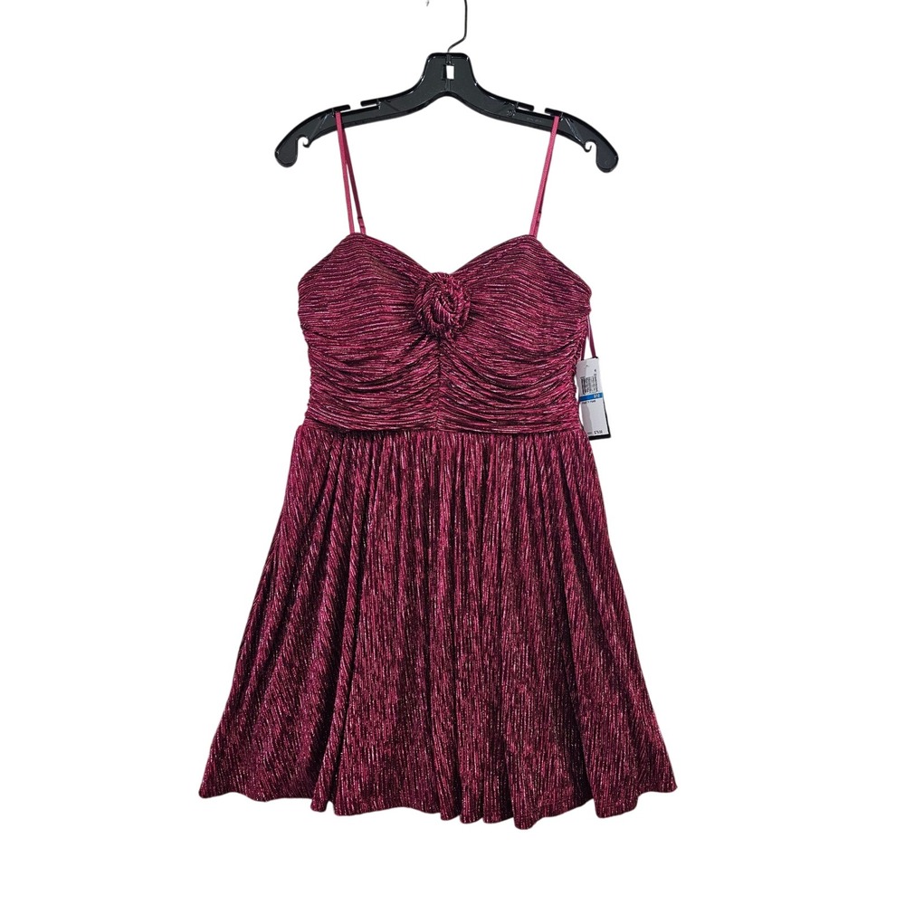 City Studio Dress Womens 9/10 Burgundy Metallic Pleated Fit Flare Party Mini New